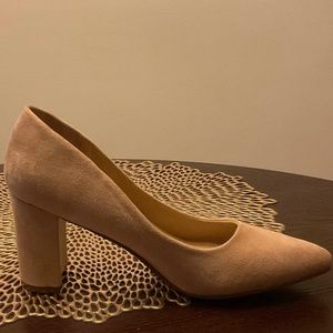 Nude suede block heel pumps